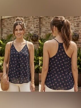 Soprano Navy Blue Floral Racerback Tank Top, Size Large